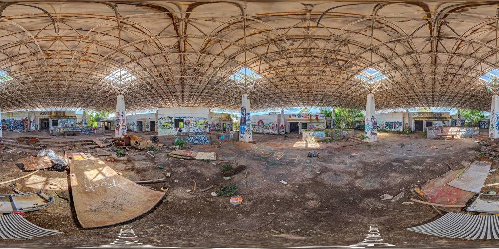 360-degree panoramic image captured inside an abandoned assisted living facility in Florida. 