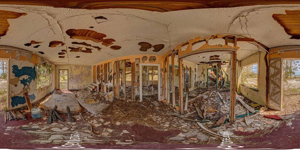 360-degree spherical panoramic image captured inside an abandoned home in Florida after being destroyed in a 2018 hurricane.