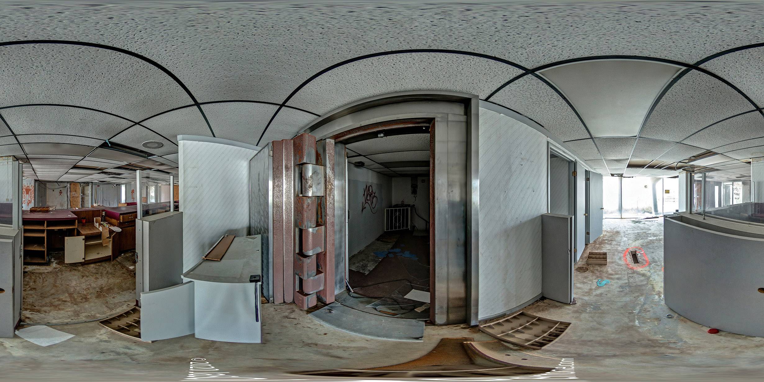 Equirectangular panoramic image of the vault inside the abandoned Glass Bank in Cocoa Beach, Florida