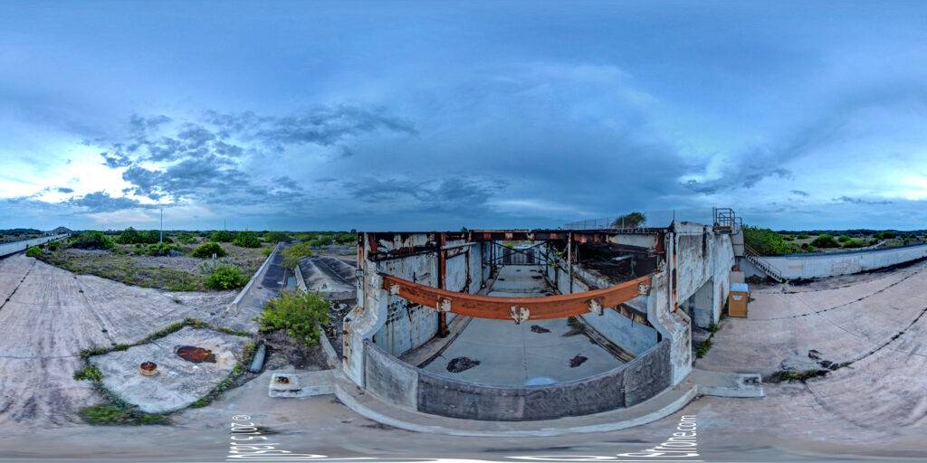 Equirectangular panoramic image captured at the abandoned Launch Complex 16 at the Canaveral Space Force Station next to the Kennedy Space Center.