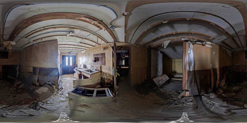 Equirectangular projection of a 360-degree panoramic image inside the abandoned Operations Control Building at launch complex 2 at the Cape Canaveral Space Force Station in Florida. Image date 2015. Credit: Jason Perrone