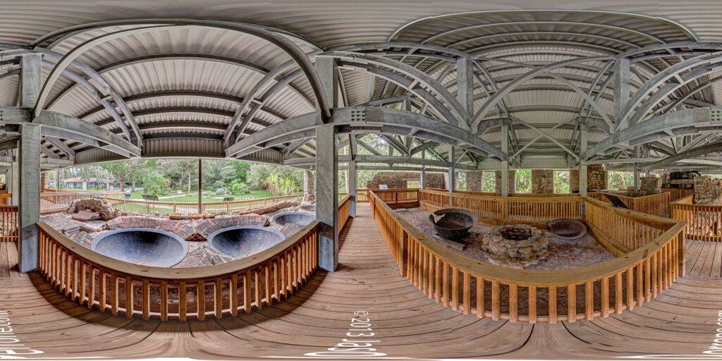 Spherical 360-degree panoramic image captured at the Dunlawton Sugar Mill Ruins in New Smyrna Beach, Florida. 