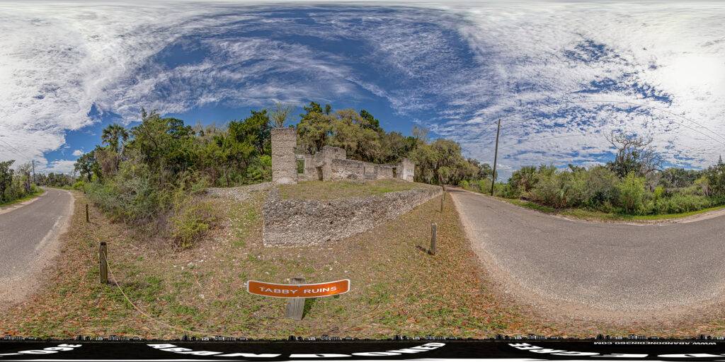 Equirectangular panoramic view of the Thomson Tabby House ruins on Fort George Island in Jacksonville, Florida. 