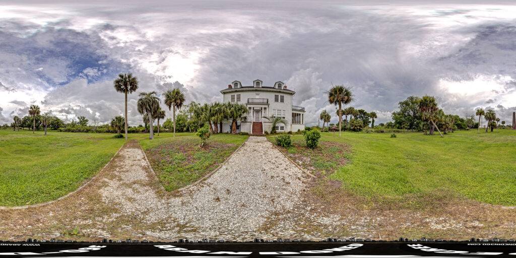 A 360-degree panoramic view outside the historic Huston House at Butler Island Plantation in Georgia.