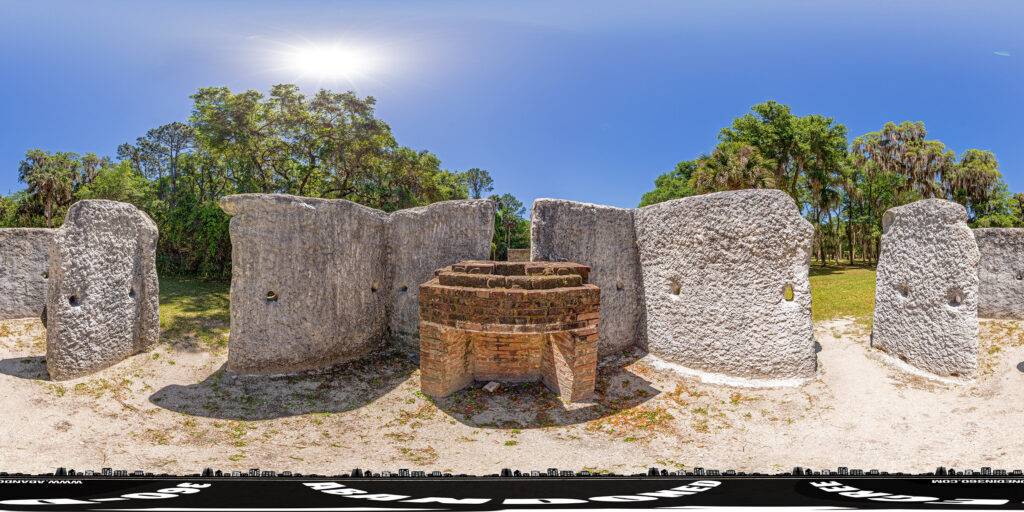 A 360-degree panoramic image captured inside a tabby slave house at the Kingsley Plantation on Fort George Island in Jacksonville, Florida.