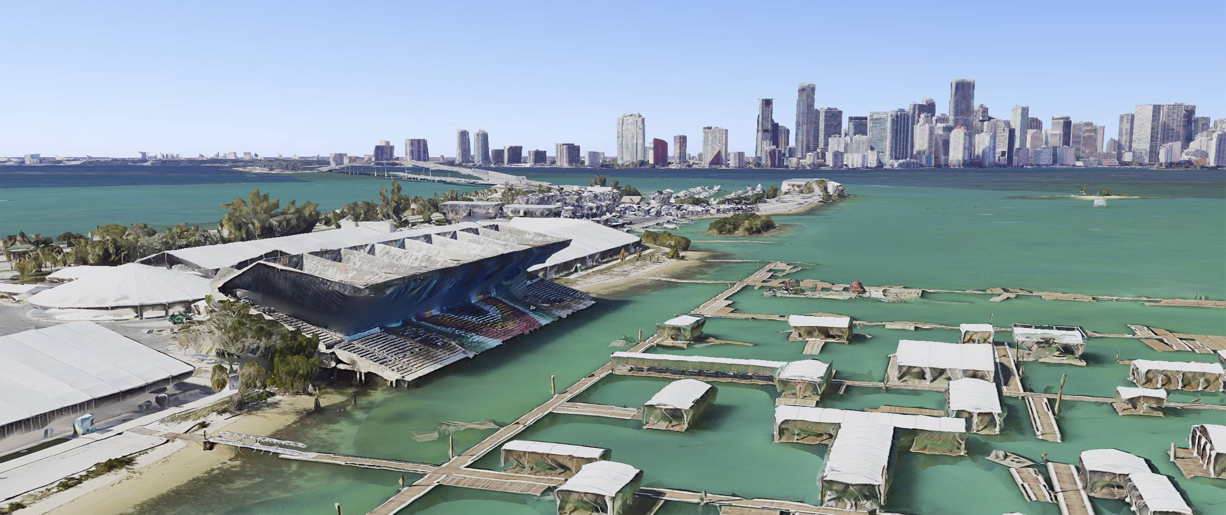 3D view of the Miami Marine Stadium with Downtown Miami in the background captured from Google Earth. 