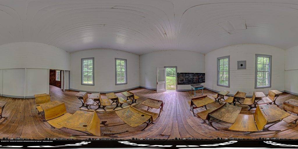 Equirectangular projection of one of two classrooms inside the Beech Grove School in Cataloochee, North Carolina. 