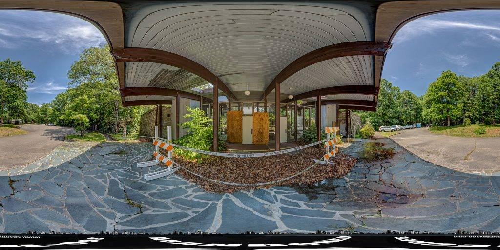 An equirectangular image at the entrance to the abandoned Crabtree Falls Visitor Center along the Blue Ridge Parkway. 