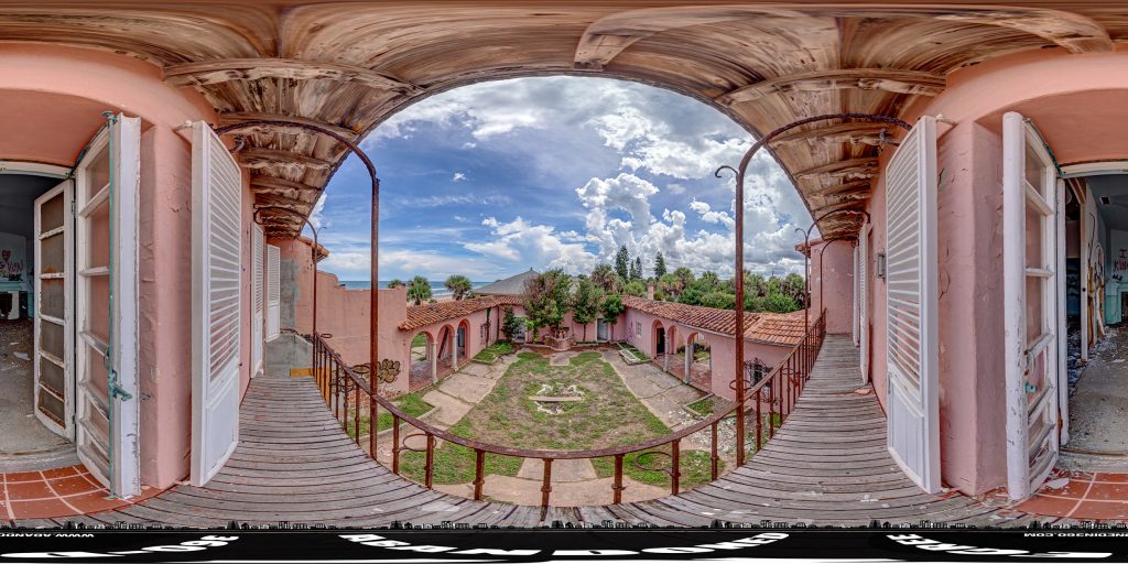 A 360-degree panoramic image captured on one of the balconies off the master bedroom of an abandoned Ormond Beach Mansion along the Atlantic Ocean. 