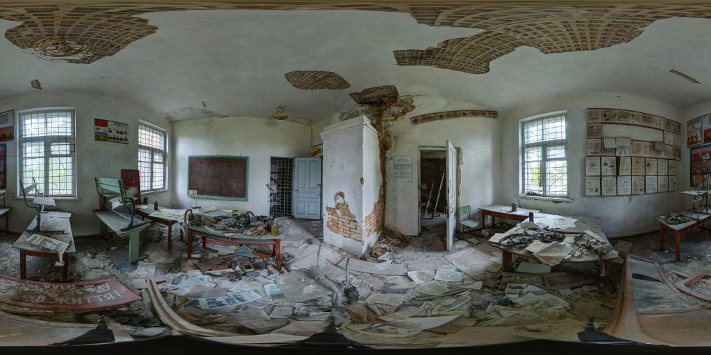 A 360-degree panoramic image captured inside the Chernobyl Exclusion Zone by photographer Nikolai Fomin