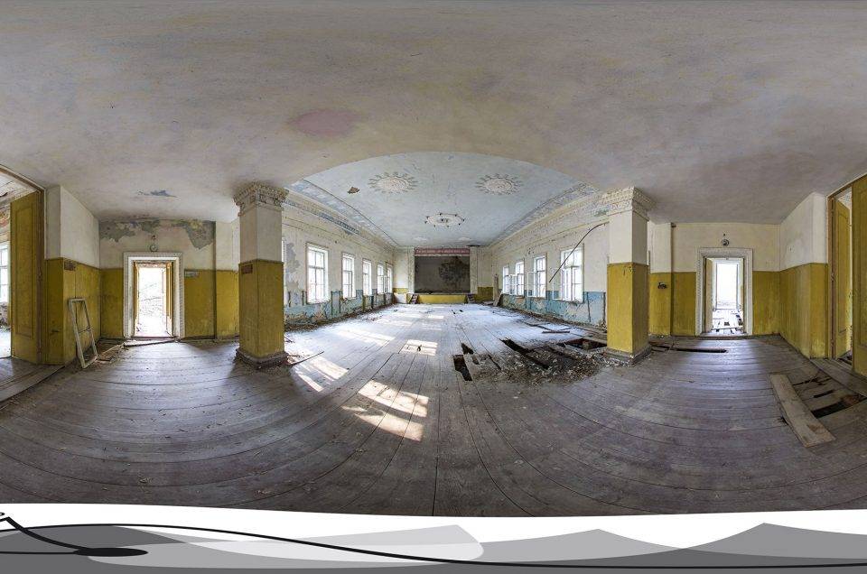 A 360-degree panoramic view inside the Palace of Culture in the Village of Zalissya in Ukraine.