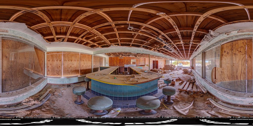 A 360-degree panoramic image of the abandoned Harvey Groves Gift Shop across the street from their main packing plant. 