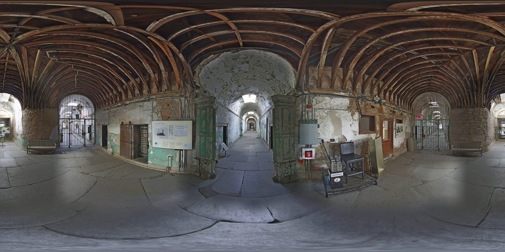 A 360-degree panoramic image of Eastern State Penitentiary in Philadelphia. Image by Google Maps Street View.