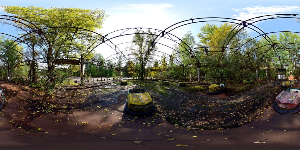 A 360-degree panoramic image captured at the bumper cars ride at the Pripyat Amusement Park in Northern Ukraine decades after the nuclear disaster in the mid 1980's. Image by: Bartosz Bryniarski - BiGsystem