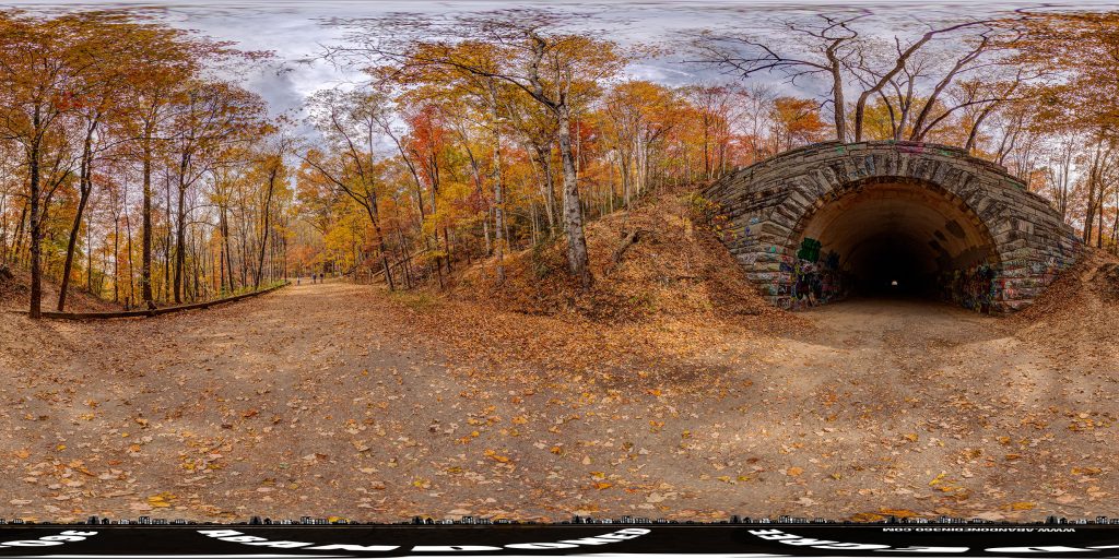 A 360-degree panoramic image captured at the "Road to Nowhere" in North Carolina. 