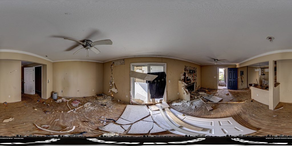 An equirectangular image of the inside of one of the suites at the abandoned South Beach Orlando Luxury Suites in Kissimmee, Florida. 