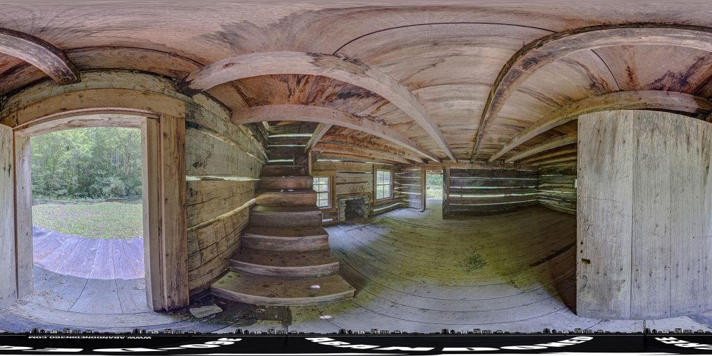 A 360-degree panoramic image inside the Dan Cook Cabin. 