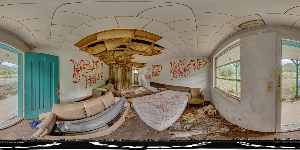 360-degree panoramic image inside room 11 at the abandoned Cool Valley Motel in Cherokee, North Carolina. 