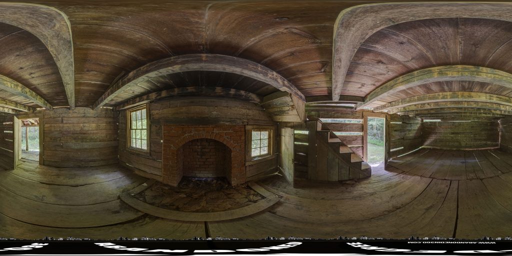 A 360-degree panoramic image inside the Jim Hannah Cabin along the Little Cataloochee Trail in the Great Smoky Mountains National Park. 