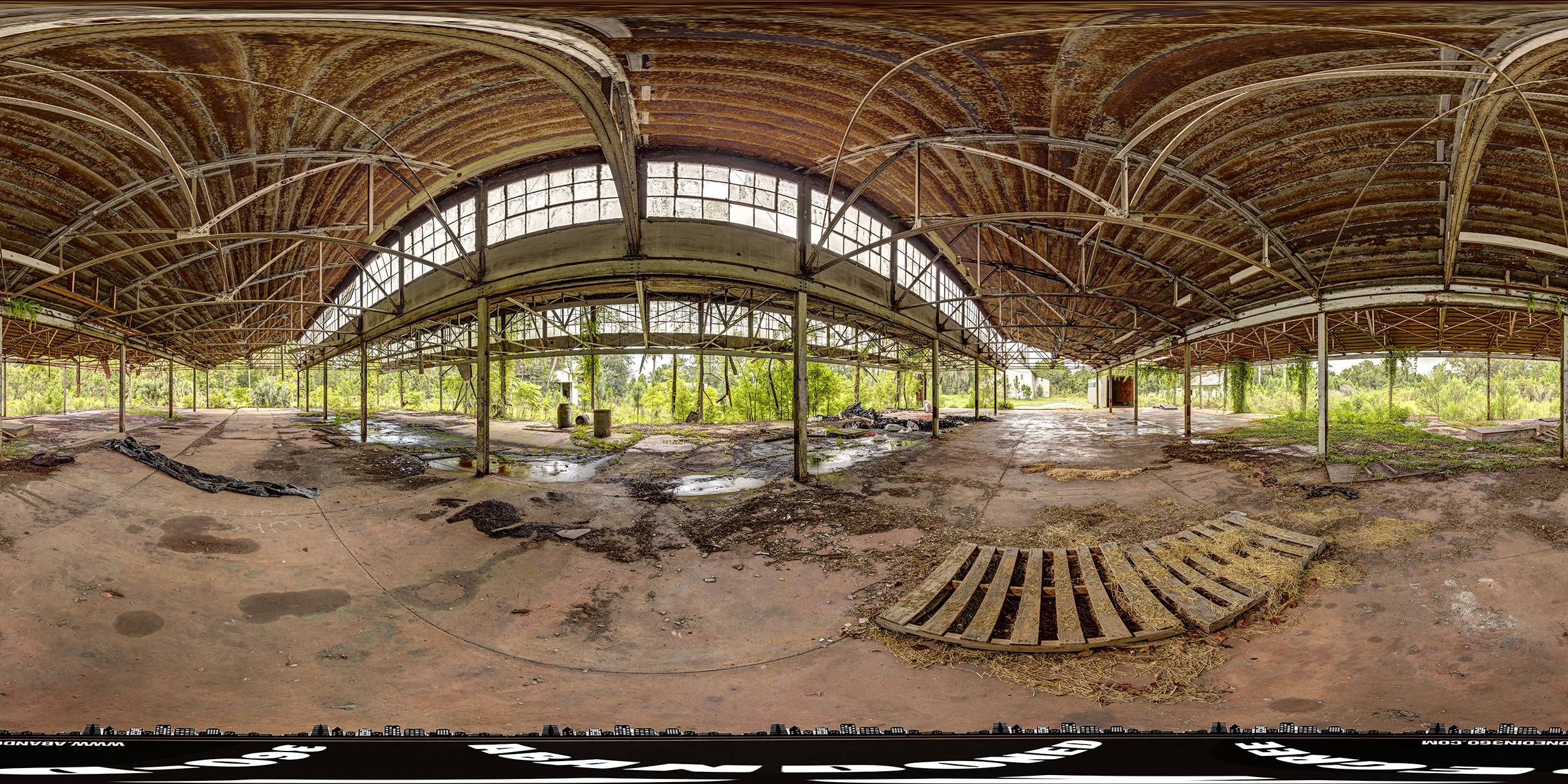 A 360-degree panoramic image at the Strawn Historic Citrus Packing House District in Deleon, Springs, Florida. 