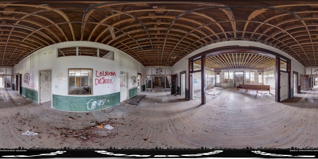 A 360-degree panoramic image inside the historic Lee School in Florida. 