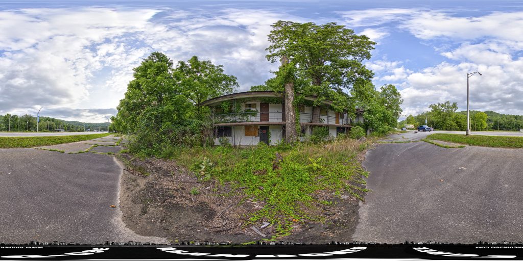 A 360-degree panoramic image in front of the abandoned Princess Motel in North Carolina. 