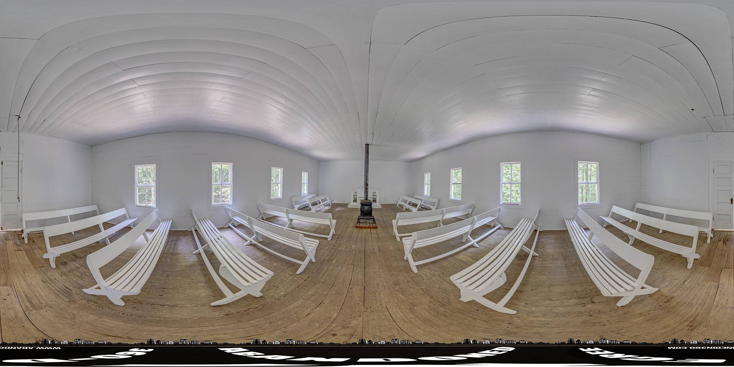 A 360-degree panoramic image captured inside the Little Cataloochee Baptist Church in the Great Smoky Mountains National Park in North Carolina. 