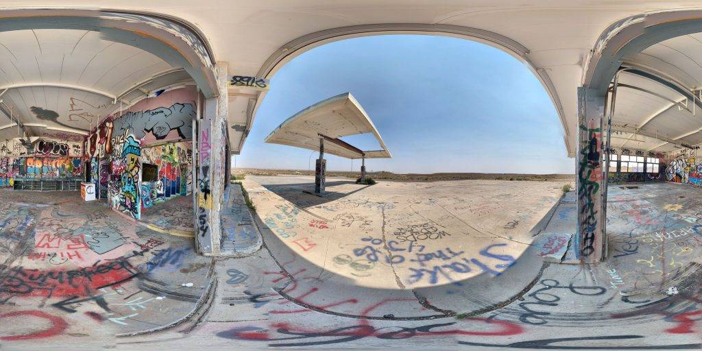 A 360-degree panoramic image captured at the 2 Guns Gas Station in Winslow, Arizona along the historic route 66. Image by: Ethan