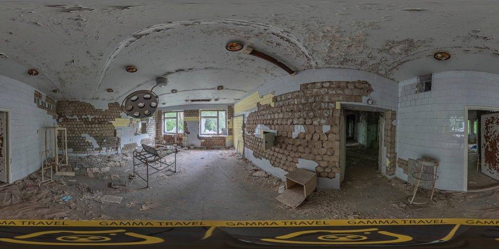 A 360-degree panoramic image captured inside the abandoned Medical and Sanitary Unit 126 in Pripyat. Image by Gamma Travel