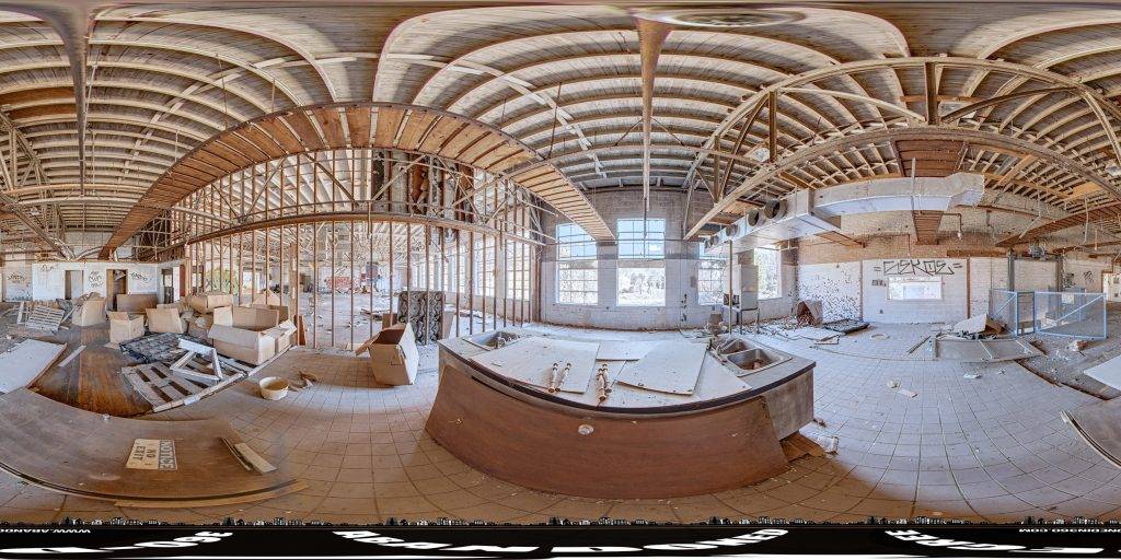 A 360-degree panoramic image captured inside the abandoned Grover Industries Factory in North Carolina. 