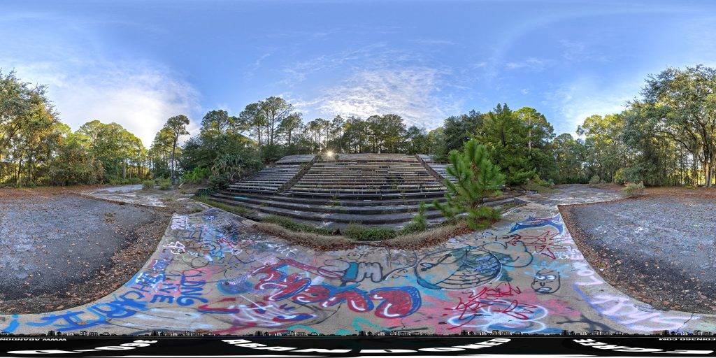A 360-degree panoramic image captured on the stage of the abandoned Amphitheater on Jekyll Island in Georgia just before sunset.