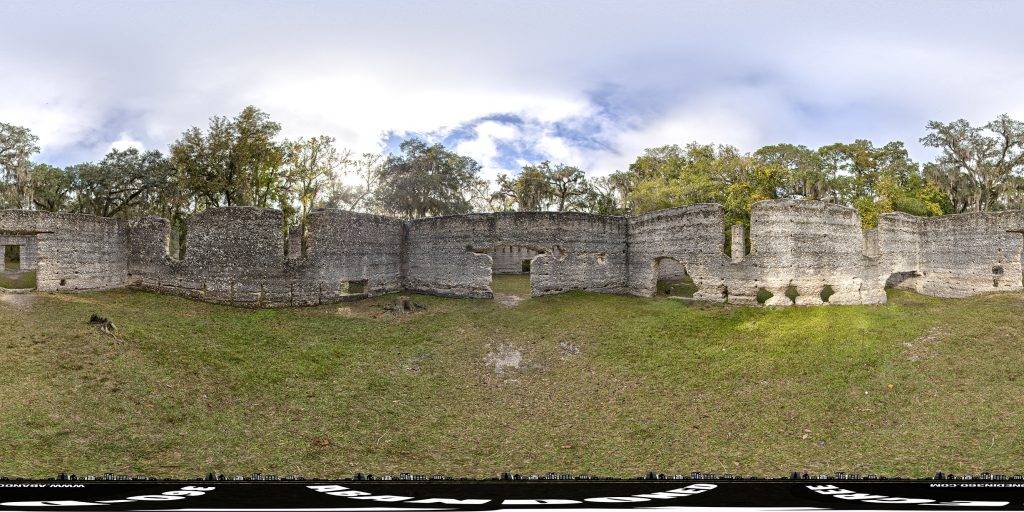 A 360-degree panoramic image captured at the abandoned McIntosh Sugar Works ruins in Georgia.