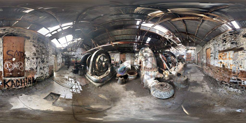 A 360-degree panoramic image inside the Old Tygh Valley Powerhouse that is abandoned in Oregon. Image by Sean Collins.