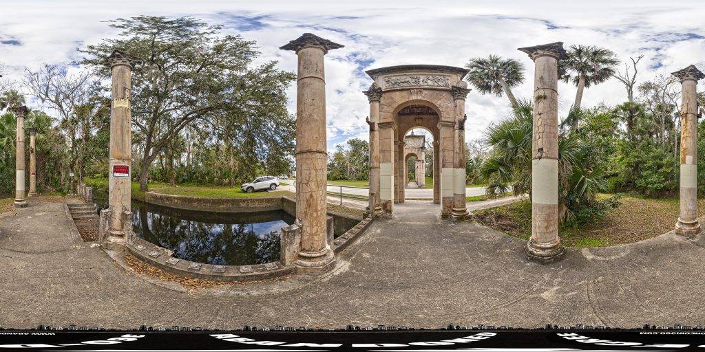 A 360-degree panoramic image captured at the Rio Vista on the Halifax Arch ruins in Holly Hill, Florida.