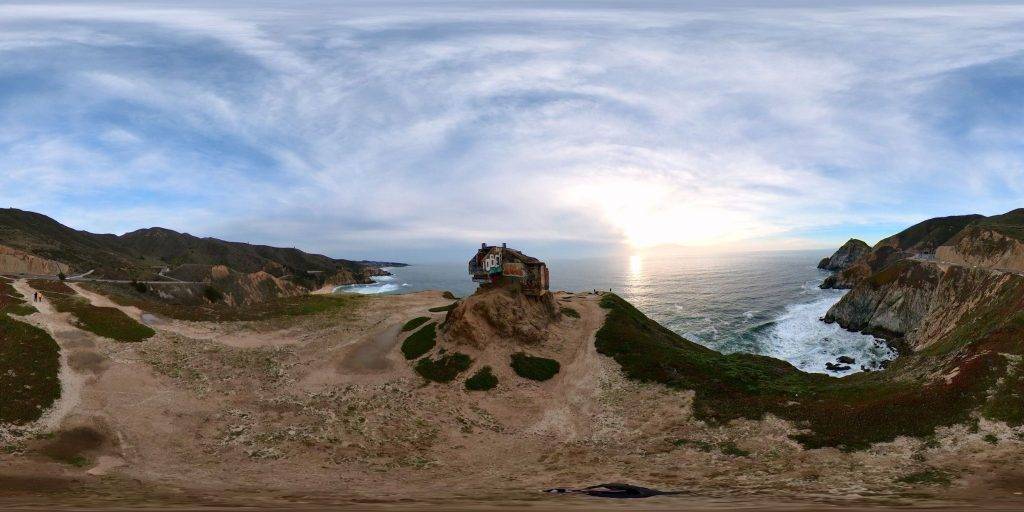 An aerial 360-degree panoramic image captured above the abandoned Devil's Bunker along the Pacific Ocean in California. Image by Daniel Lanovaz
