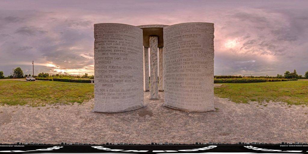 A 360-degree panoramic image captured at the Georgia Guidestones just after sunrise.