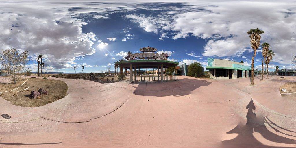 A 360-degree panoramic image captured at the abandoned Lake Dolores Waterpark in Newberry Springs, California. Image by Joshua Wrye