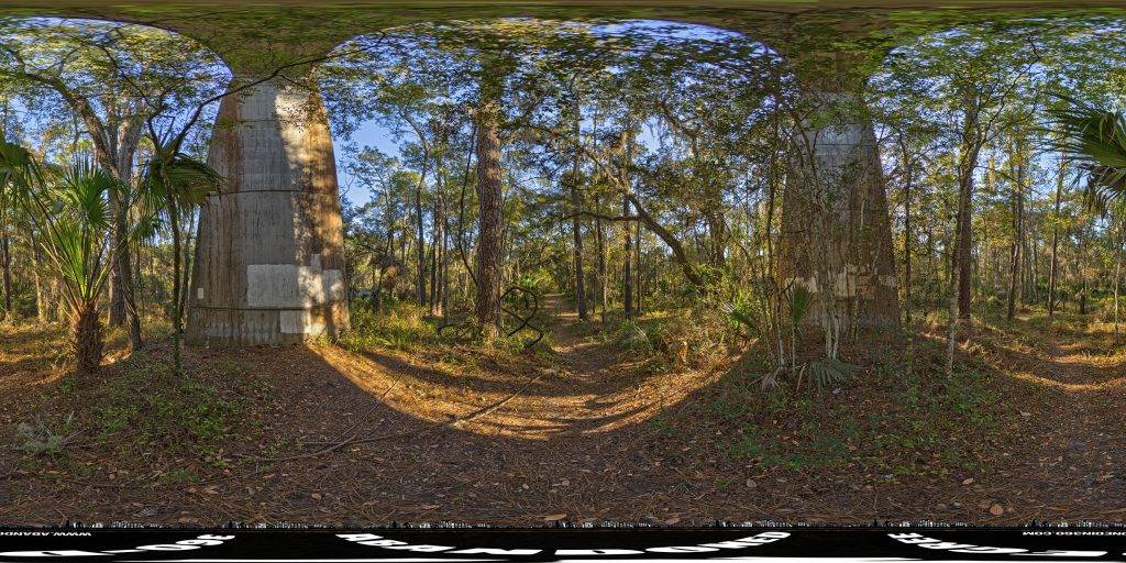 A 360-degree panoramic image captured underneath one of the abandoned bridge supports of the Cross Florida Barge Canal