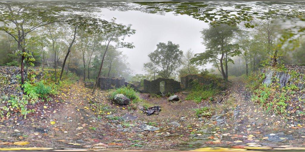 A spherical panoramic image capturing the beauty of the Eyrie House Ruins on a foggy day in Holyoke, Massachusetts. Image by: Nathan Rasmussen