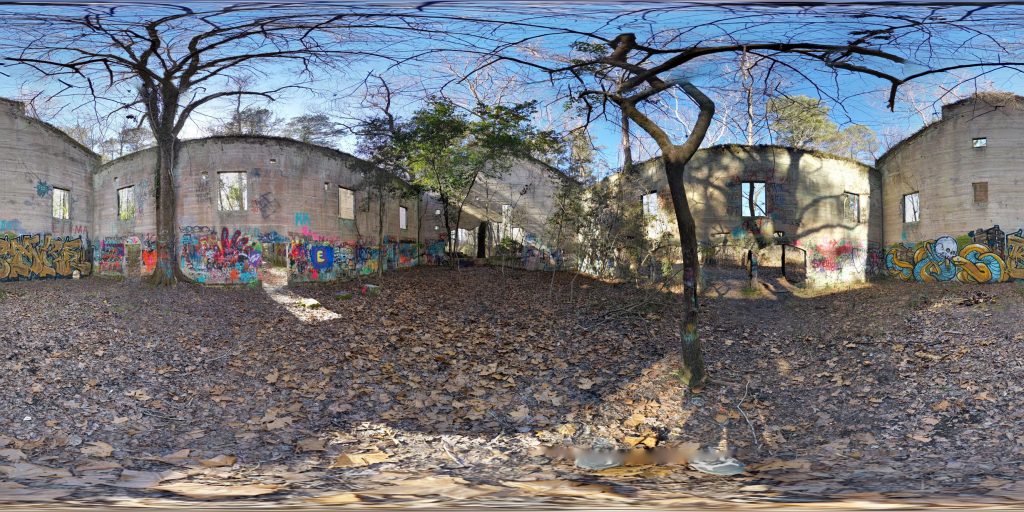 A 360-degree panoramic image inside the abandoned Aldridge Sawmill in Texas. Image by Michael Reeves.