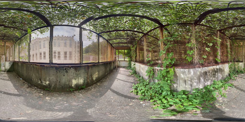 A 360-degree panoramic image captured inside a gated area of the Brushy Mountain State Penitentiary in Petros, Tennessee. Image by Ethan
