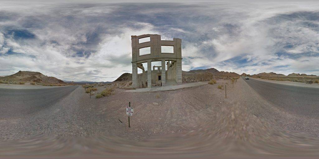 A 360-degree image captured by the Google Maps Street View team in front of the abandoned Cook Bank Building in Rhyolite, Nevada.