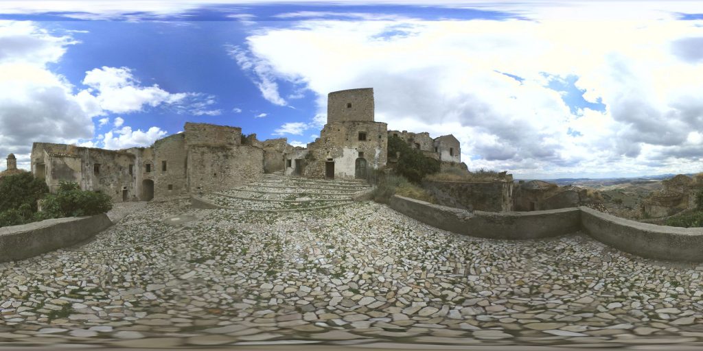 A spherical panoramic image captured at Craco, a ghost town in Italy. Image by Davide Mirizio