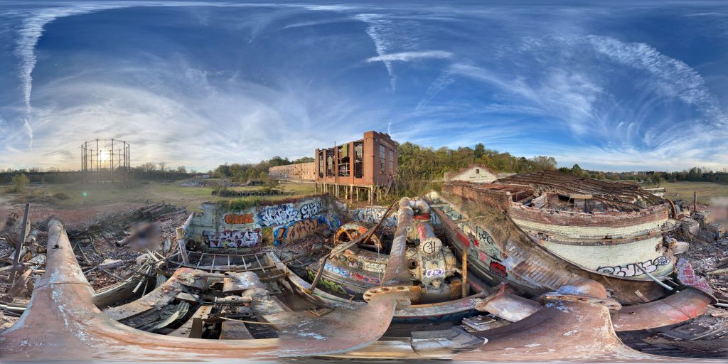 A 360-degree panoramic image captured by Ethan at the Fulton Gas Works in Richmond, Virginia. 