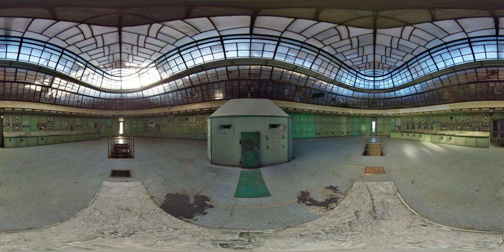 a spherical 360-degree panoramic image inside the abandoned Kelenföld Power Station in Hungary. Image by Markus Gebauer _ urbexery