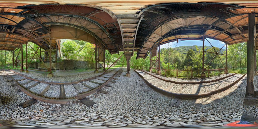A 360-degree panoramic image captured at the Nuttallburg Coal Tipple in Fayetteville, West Virginia. Image by: Katie Melvin