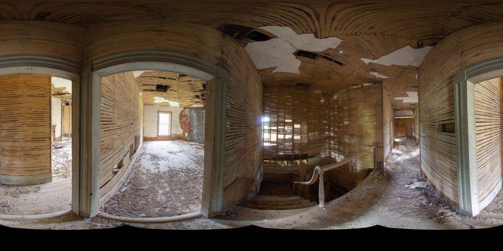 A spherical 360-degree panoramic image captured inside the abandoned Octagon House in Virginia. Image by: Encyclopedia Virginia