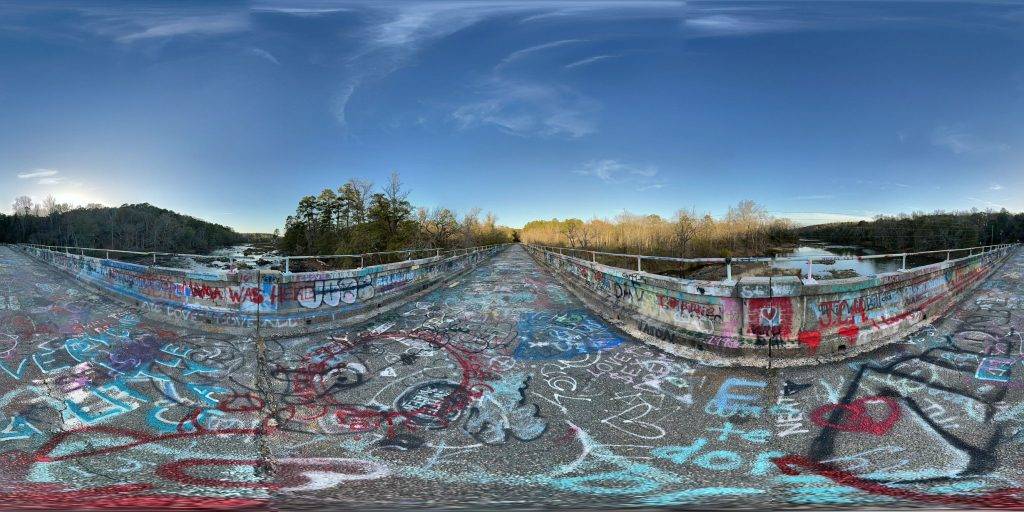 A 360-degree panoramic image captured in the center of the now abandoned Old Bynum Bridge in Pittsboro, North Carolina. Image by Benjamin Wolf