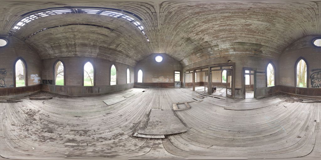 A 360-degree panoramic image inside the abandoned Old Grass Valley Methodist Church in Oregon. Image by: Dan Hoffman