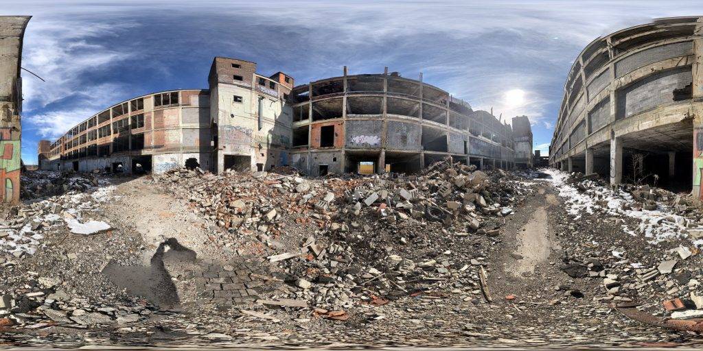 A 360-degree panoramic image capturing the crumbling Packard Automotive Plant in Detroit, Michigan. Image by Anonymous Person